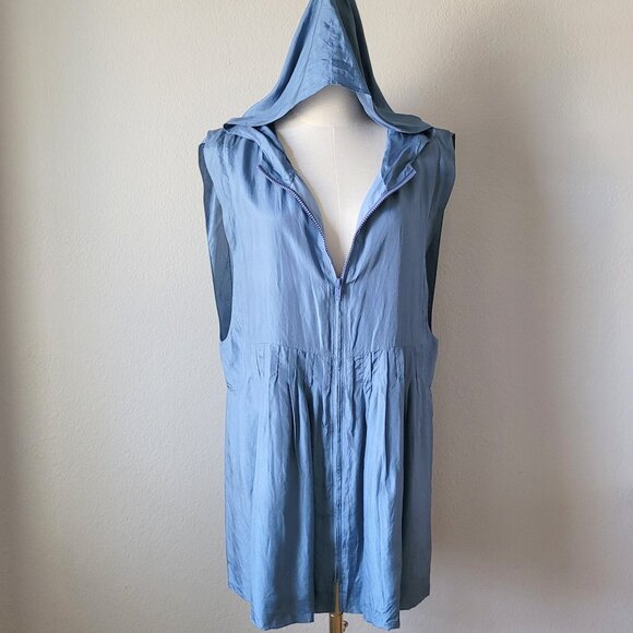 Vintage Blue Silk Hooded Zip Dress, Sleeveless Loose Fit Cover-Up/Size M - Picture 2 of 7